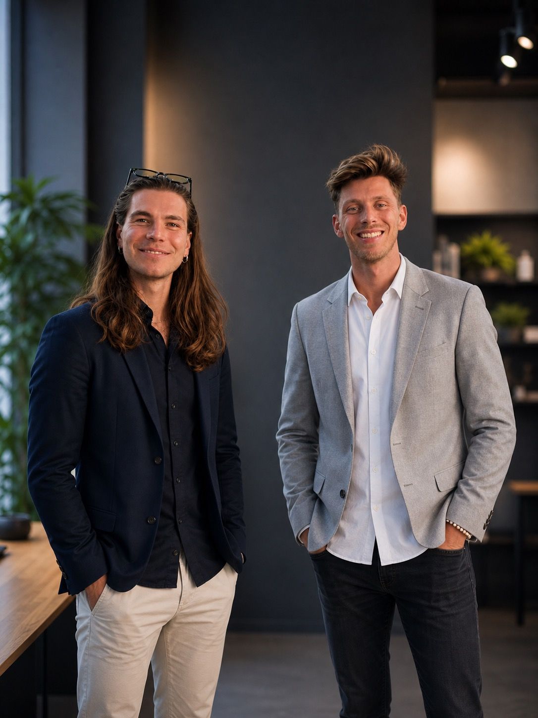 Marvin Stein (links) und Marvin Krämer (rechts), die beiden IT.Mar-Gründer, stehen lächelnd in einem modernen Büro – Marvin Stein im Navy-Blazer mit langen Haaren, Marvin Krämer im hellgrauen Sakko